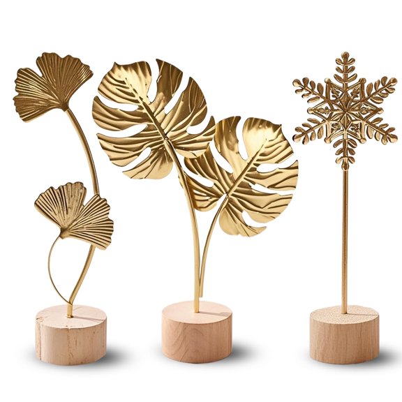 Modern Gold Metal Leaf Sculptures Set, Luxury Artistic Home Decor Statues, 3D Handmade Botanical Accents for Living Room Bedroom Office Shelf Decoration