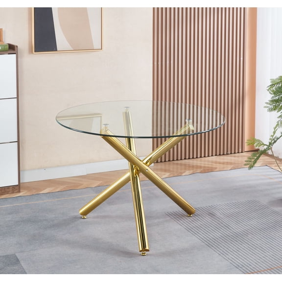 Modern Gold Metal Leg Dining Table 110x110x75CM – Square Clear Glass Top, Space-Saving Kitchen Table for Living Room