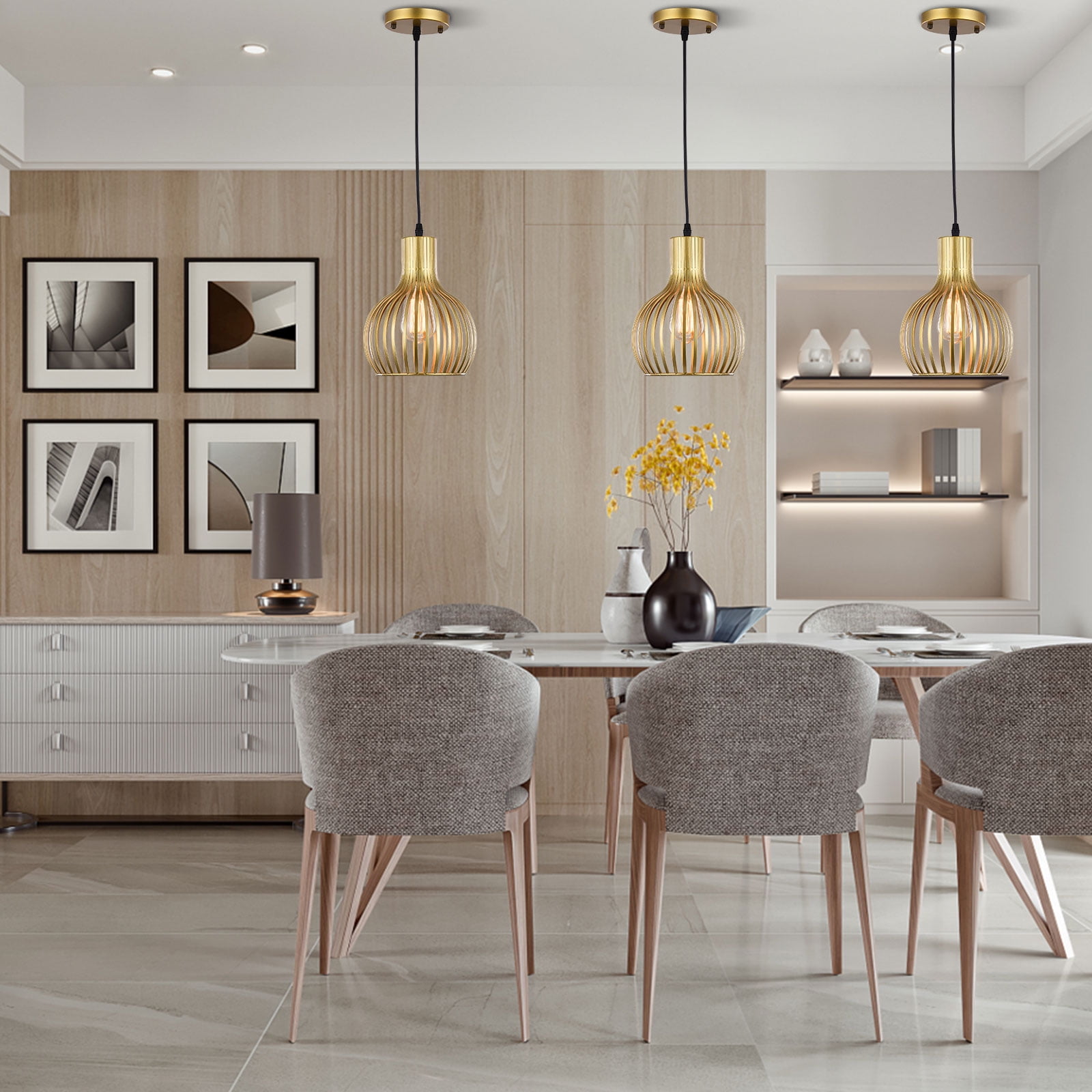 Modern Gold Pendant Light Fixture Ceiling Hanging Kitchen Island Metal Cage Lamp Suitable for General Indoor Places such as Dining Rooms, Living rooms,etc