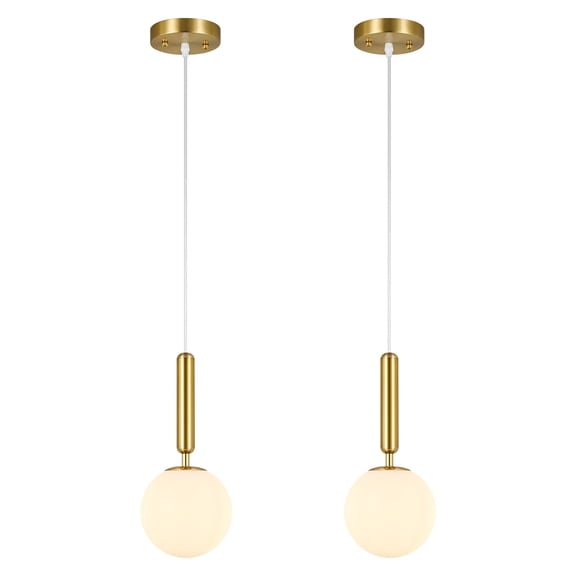 Modern Gold Pendant Lights Adjustable Height Hanging Light Fixture with Globe Milky White Glass Pendant Light for Dining Room Bedroom Kitchen Island(2 Pack)