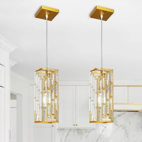 Modern Gold Pendant Lights Kitchen Island Adjustable Chandeliers Mini Crystal Pendant Light Fixture for Bedroom Dinning Room Living(2 Pack)