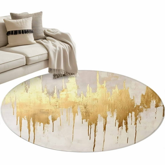 Modern Gold Round Area Rug 3 FT, Small Kitchen Bathroom Mat, Abstract Minimalist Grunge Art Color Block Washable Indoor Outdoor Throw Runner Carpet Doormat for Table Shower Sofa Entryway