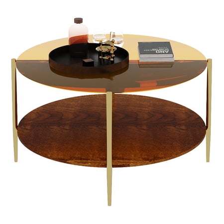 Modern Gold Round Double Layer Coffee Table, Tempered Glass Tabletop, With Storage & Decorative Design, 32.28" Diameter