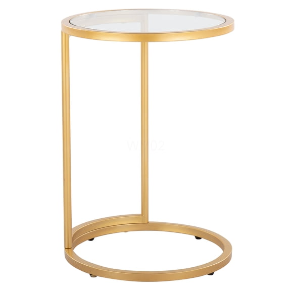 Modern Gold Round End Table with Clear Glass Top, C-Shaped Floating Design Accent Table for Living Room, Bedroom