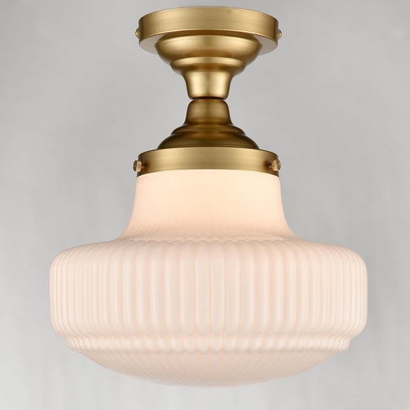 Modern Gold Schoolhouse Ceiling Light Semi-Flush Mount Ceiling Light Fixture Ribbed Milk Glass Lamp for Hallway Entryway Bedroom Kitchen Bathroom
