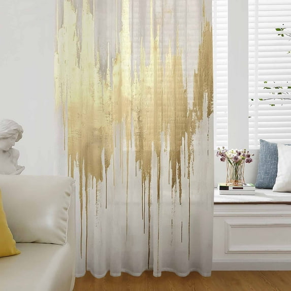Modern Gold Semi Sheer Curtains Drapes for Living Room, Bedroom, French Doors Window 63 Inches Long, Abstract Minimalist Grunge Art Color Block Rod Pocket Chiffon Curtain Drapery Voile Drape Panel