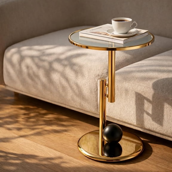 Modern Gold Side Table with Glass Top, Small Round End Table with Metal Base, Contemporary Accent Table for Living Room Bedroom Balcony, Space-Saving Decorative Table
