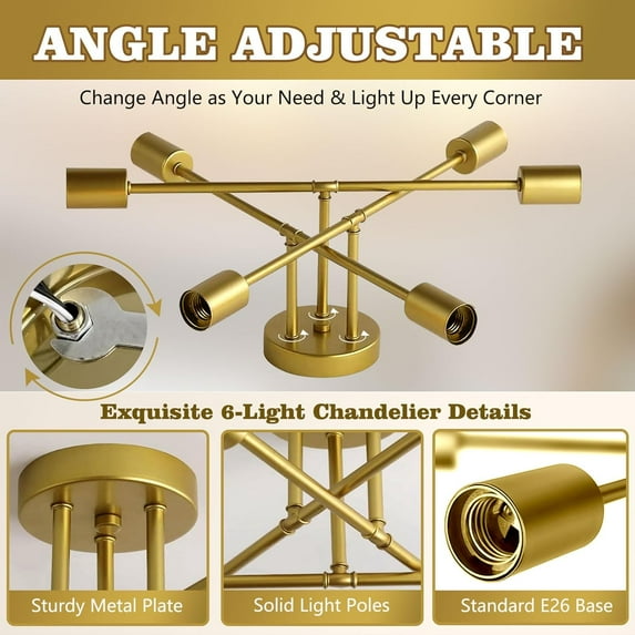 Modern Gold Sputnik Chandelier, 6-Light Ceiling Light with E26 Bulbs, Adjustable Kitchen Lighting Fixtures for Dining Room