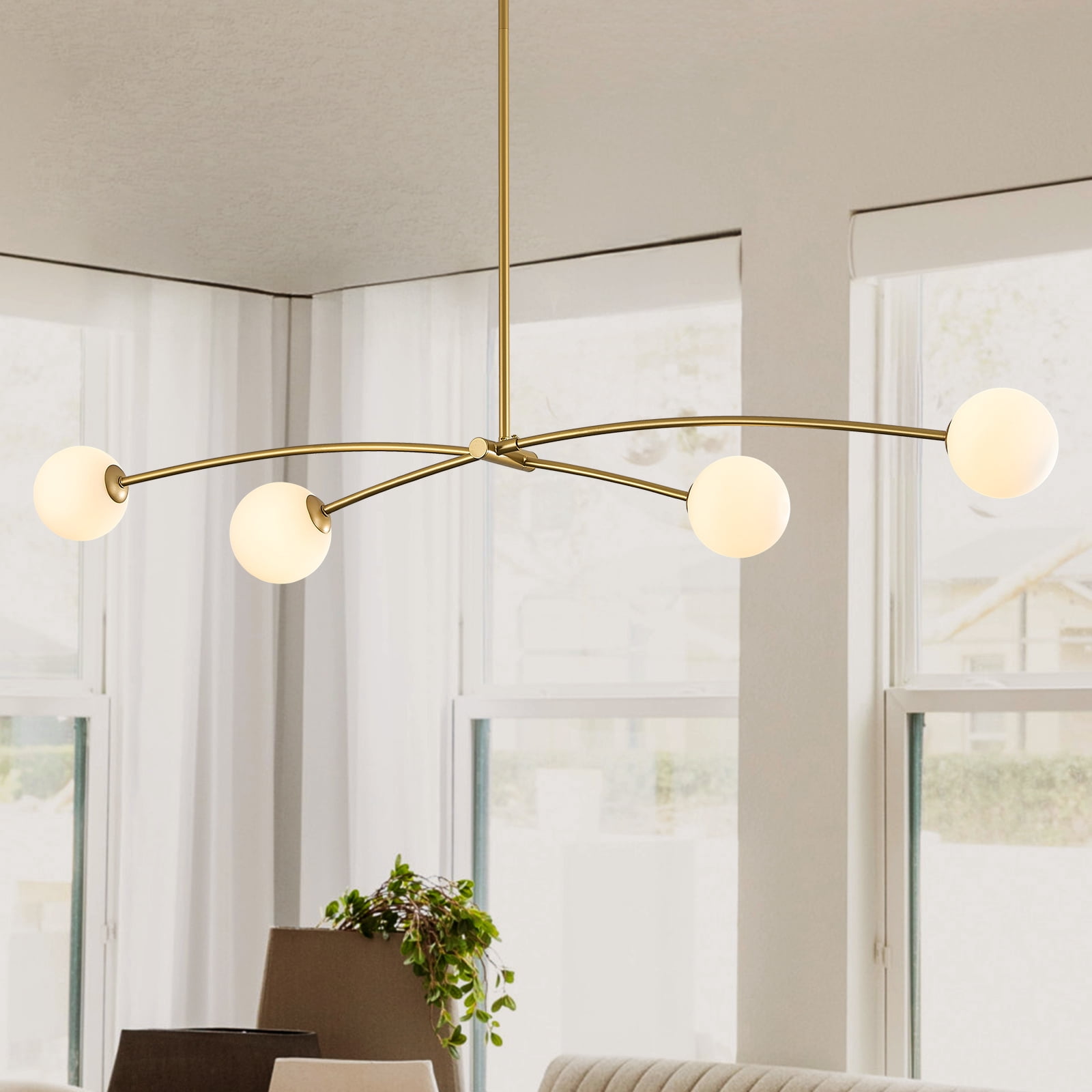 Modern Gold Sputnik Chandelier L51” Mid Century 4 Lights Milk Glass Globe Ceiling Pendant Light Fixture Contemporary for Kitchen Island Dining Room Bar Bedroom Home Office