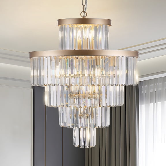 Modern Gold Tiered Crystal Chandelier, MultiLayer Rectangular Crystal Prism Pendant Light