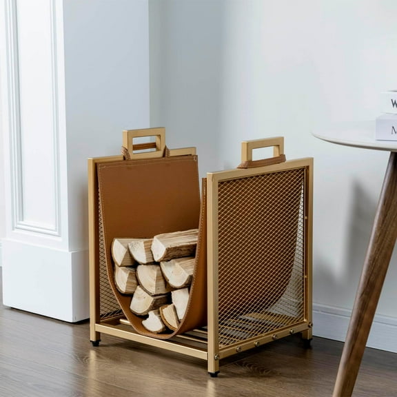 Modern Gold Tone Metal Firewood Stand with Brown Leatherette Wood Holder Sling, Wire Mesh Design and Top Carrying Handles, Compact Log Splits Kindling Storage Rack