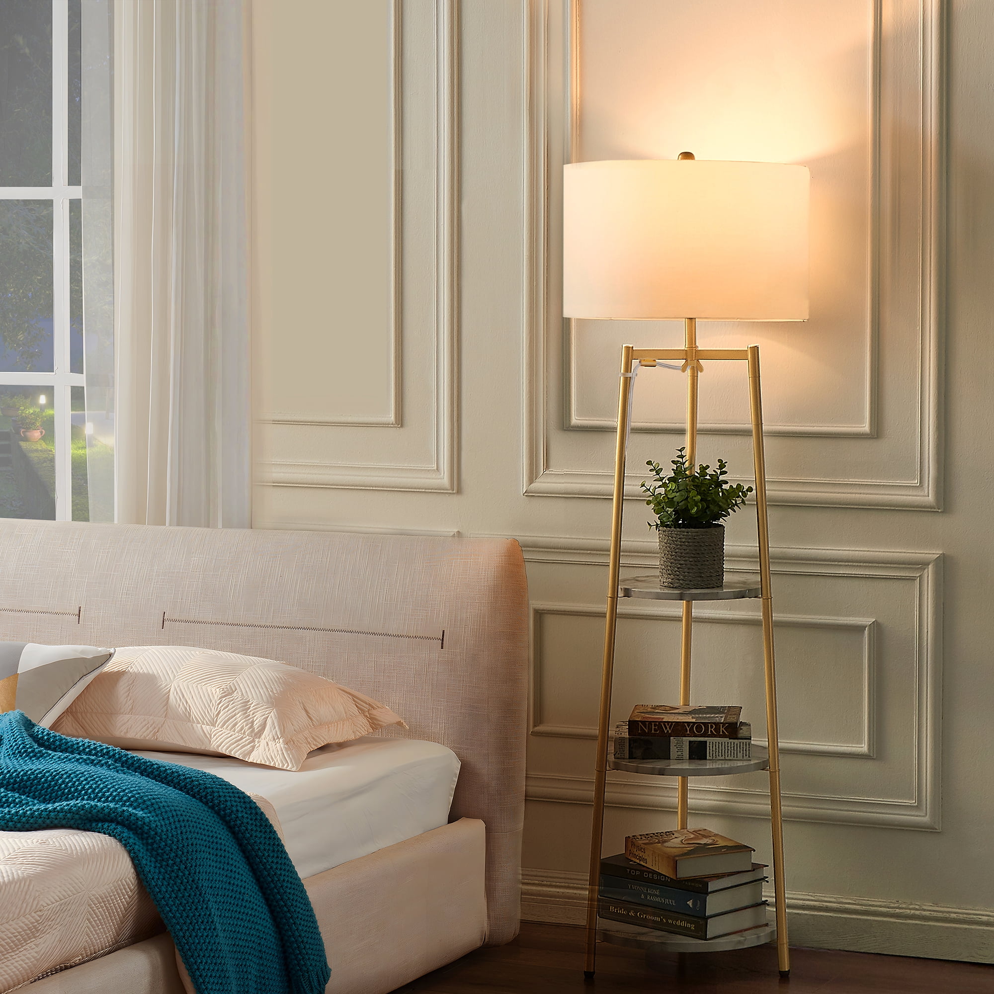 Modern Gold Tripod Floor Lamp - 60 Inches Tall, White Cylinder Shade, 3-Tier Faux Marble Shelves