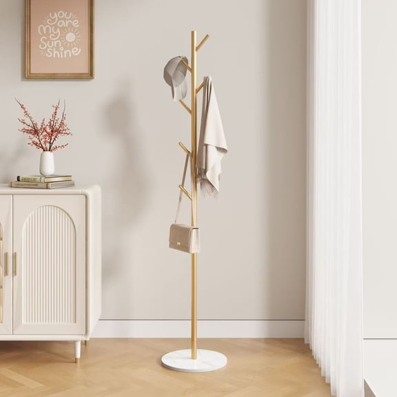 Modern Gold White Freestanding Metal Coat Rack Stand Sturdy Hall Tree With Bottom Storage Shelf Side Hooks Space Saving Clothes Hanger For Entryway Hallway Living Room Bedroom Office