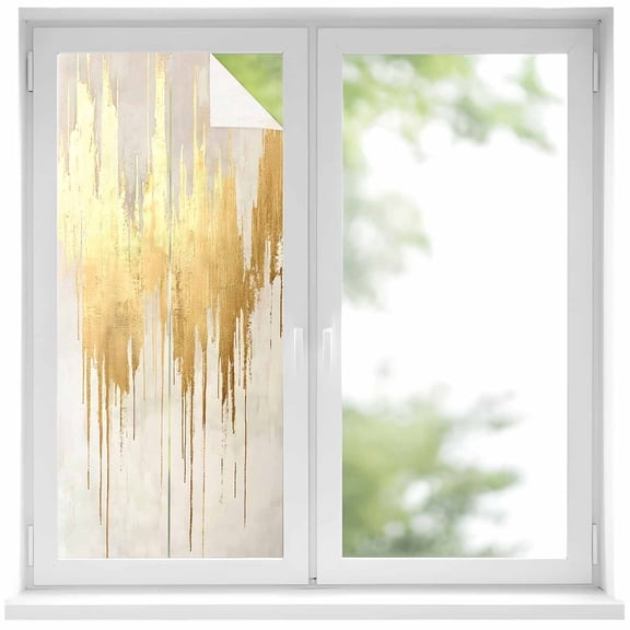 Modern Gold Window Privacy Film, Abstract Minimalist Grunge Art Color Block Static Cling UV Sun Blocking Heat Control Window Tint, Non-Adhesive One Way Windows Privacy Cover 17.7''x39.3''