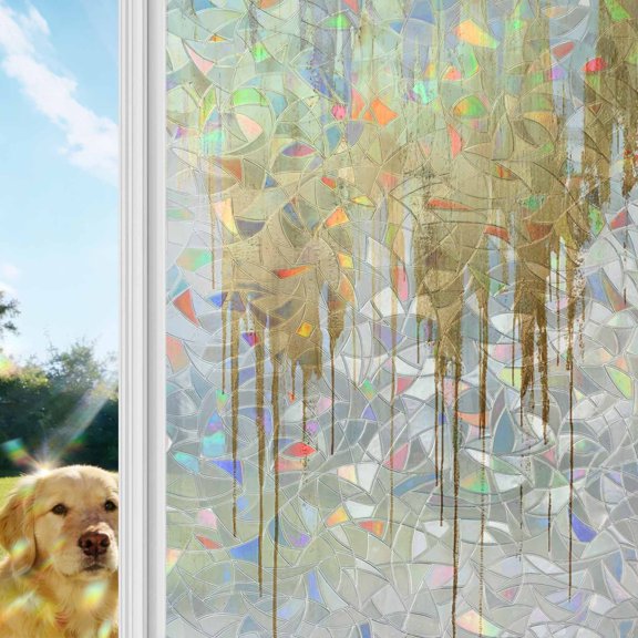 Modern Gold Window Privacy Film Stain Glass,Reusable Decorative Rainbow Window Film,Abstract Minimalist Grunge Art Color Block Static Cling Sun Blocking Stickers Decals Covers 17.7" x 39.3" (2pcs)
