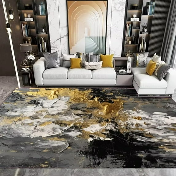 Modern Golden Large Living Room Rug Luxury Abstract Bedroom Bedside Area Rugs for Home Decor Balcony Carpet Floor Mats Washable