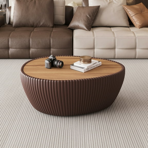 Modern Goose Egg Shaped Marble Coffee Table with Microfiber Leather Accents and Brass Base - Durable Design for Living Room, Bedroom, or Office - No Assembly Required