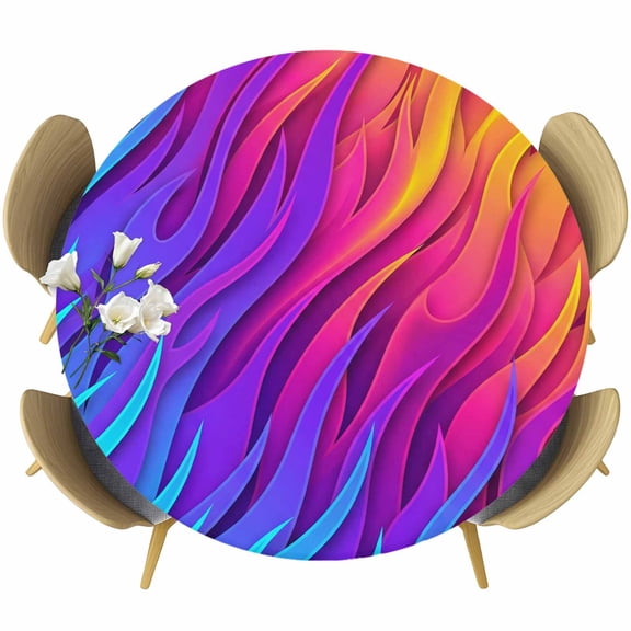 Modern Gradient Flame Round Tablecloth 36-44 Inch Round Fitted Table Cloth with Elastic Edge, Abstract Blue Purple Yellow Ombre Art Waterproof Table Cover Protector for Outdoor Picnic Party Dining