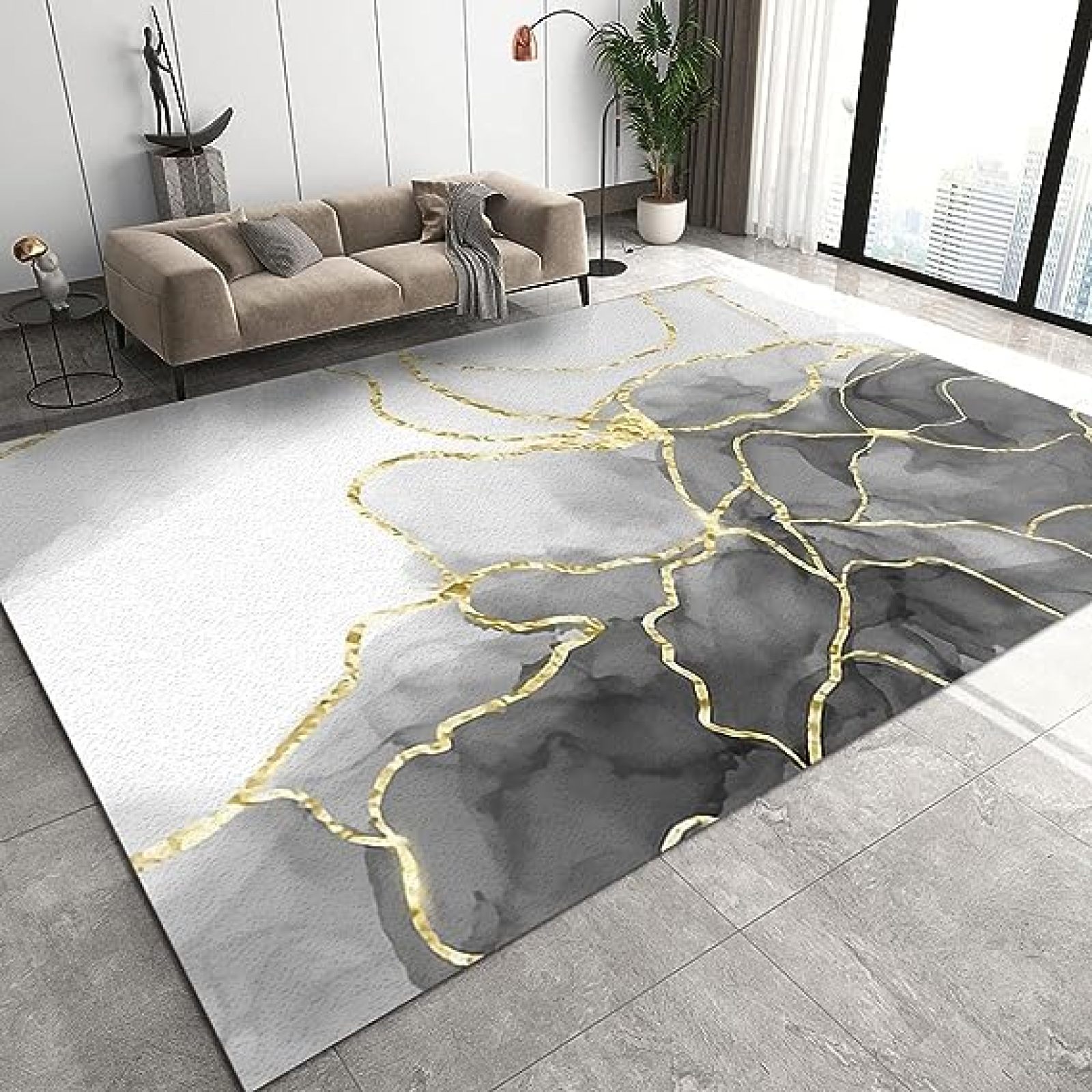 Modern Gradient Gray And White Marble Texture Area Rug, Light Luxury
