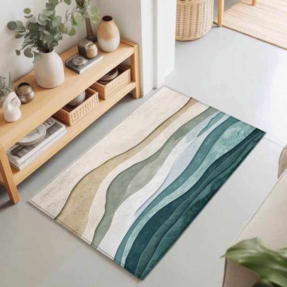 Modern Gradient Teal Khaki Stripe Rectangle Rug 2'x3' Abstract Beach Sea Wave Washable Area Rugs for Living Room Bedroom Entryway Non Slip Entrance Door Mat Indoor Floor Carpet