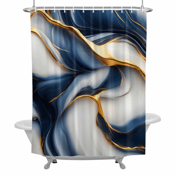 Modern Granite Shower Curtain, Navy Blue Marble Fluid Waterproof Fabric Bathroom Shower Curtains Set with Hooks, 72 X 72 Inch Long