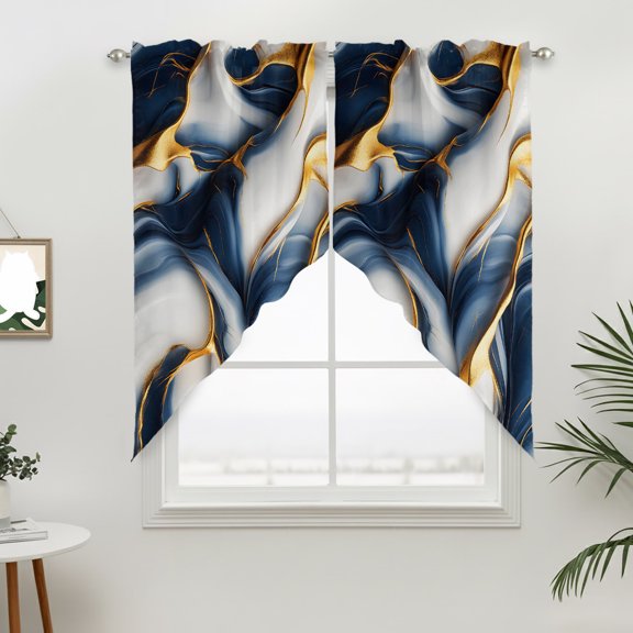 Modern Granite Swag Valances for Windows, Navy Blue Marble Fluid Rod Pocket Short Curtains, Machine Washable Kitchen Window Topper for Bathroom Living Room, 36 x 36 Inch, 1 Pair