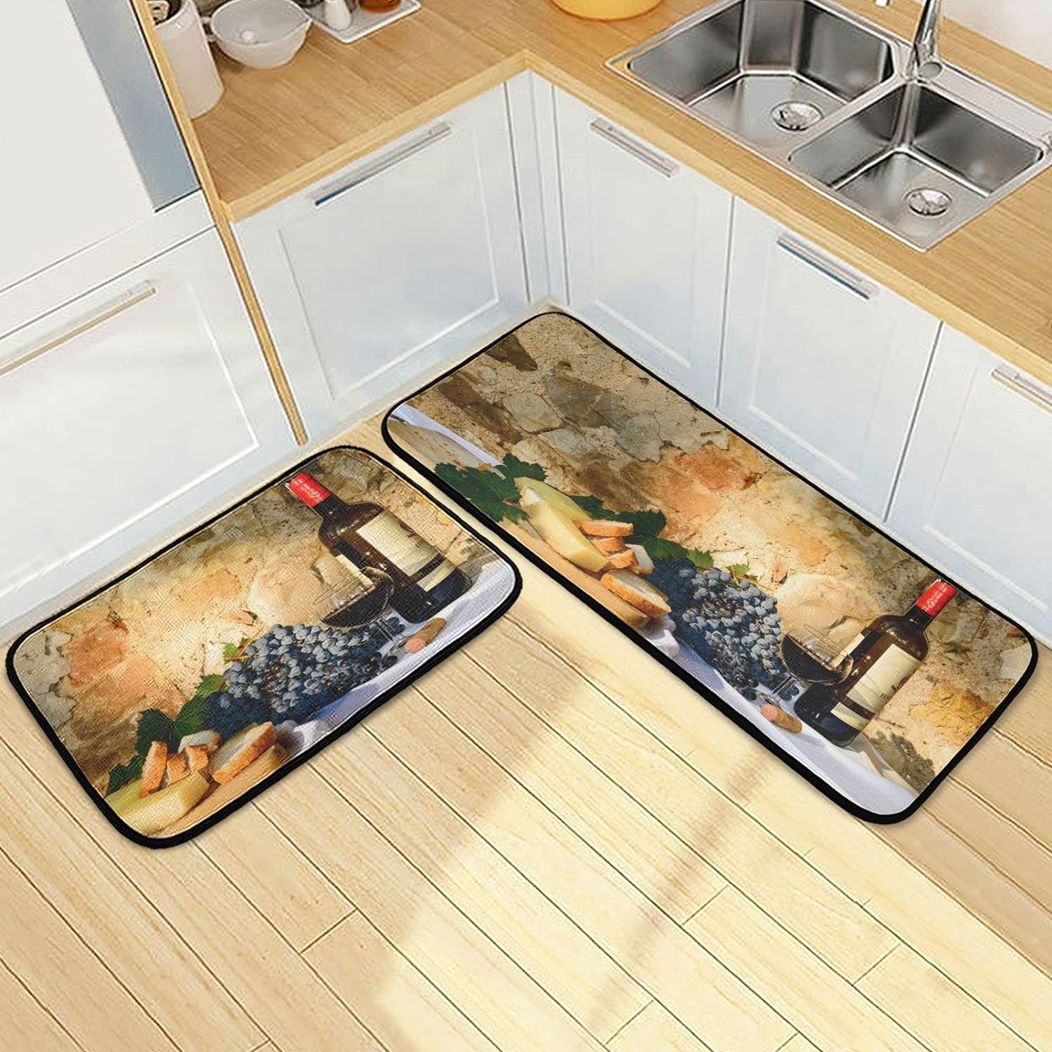 Modern Grapes Wine Bottle Kitchen Rugs 2 Pieces, Floor Mat Room Area