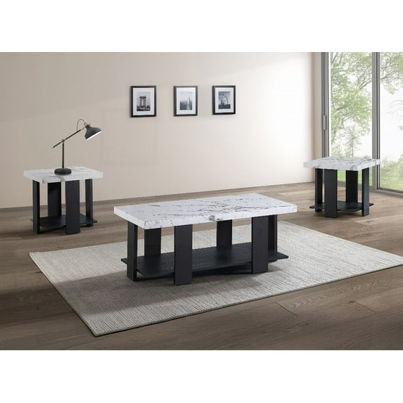 Modern Gray 3-Piece Cocktail Set with Faux Marble|Rectangular Coffee & Square End Tables