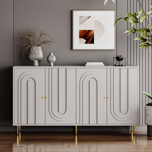 Modern Gray 4 Door Sideboard Storage | In Kitchen or Dining Room, Reduces Clutter | Metal Legs and Lacquered Finish, Attractive Design | Shelves Adjust to Different Heights