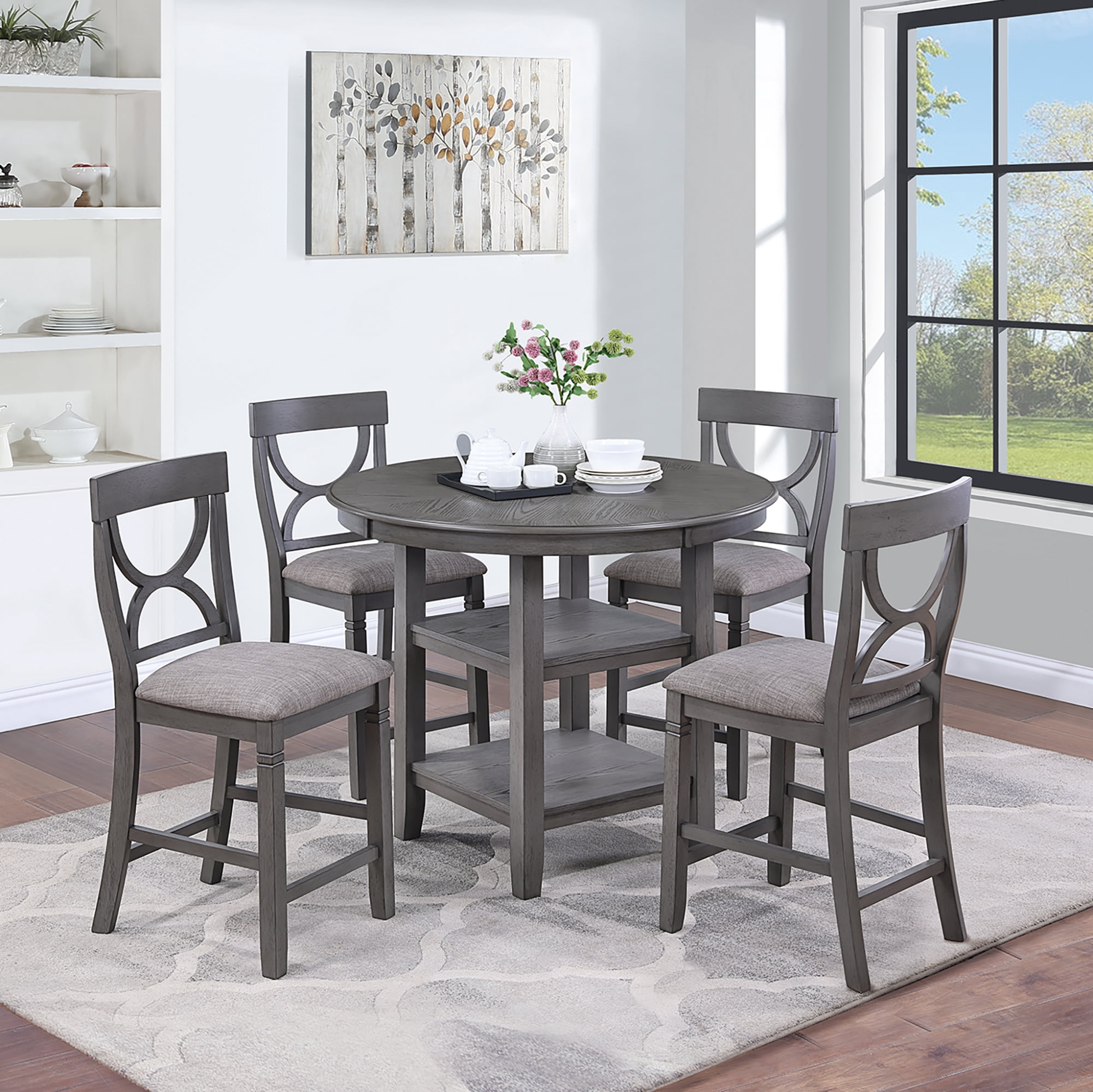 Modern Gray 5-Piece Counter Height Dining Set - Round Wood Table & 4 ...