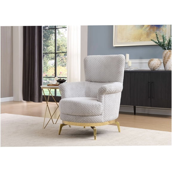Modern Gray Accent Chair with Gold Trim and Wooden Legs for Elegant Living Room