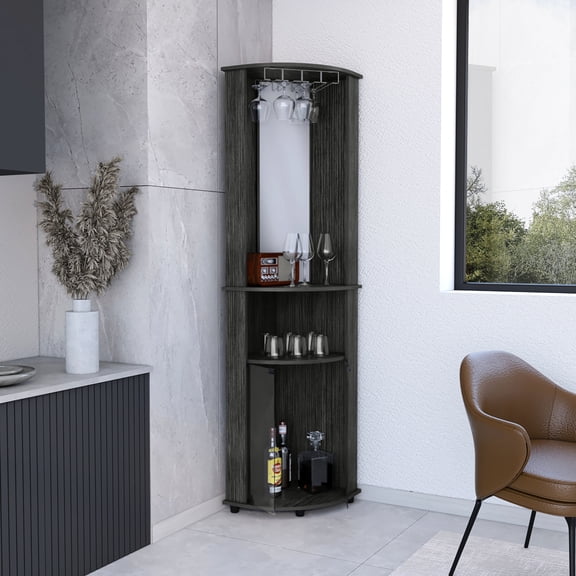 Modern Gray Bar Cabinet, Corner With Storage & Door Appeal Double Glass Doors And Mirror