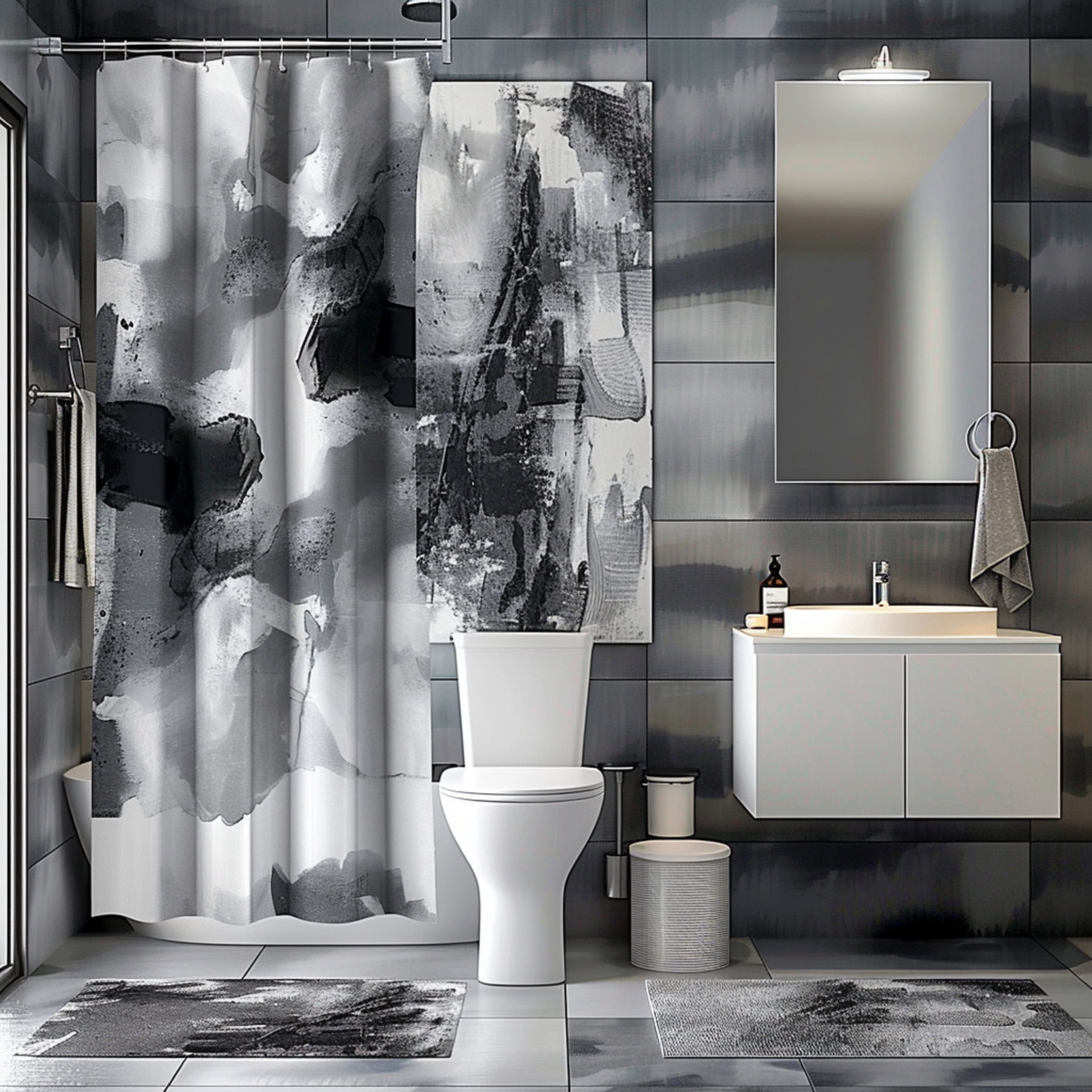 Modern Gray Bathroom Set with Abstract Black Accents Stylish Open ...