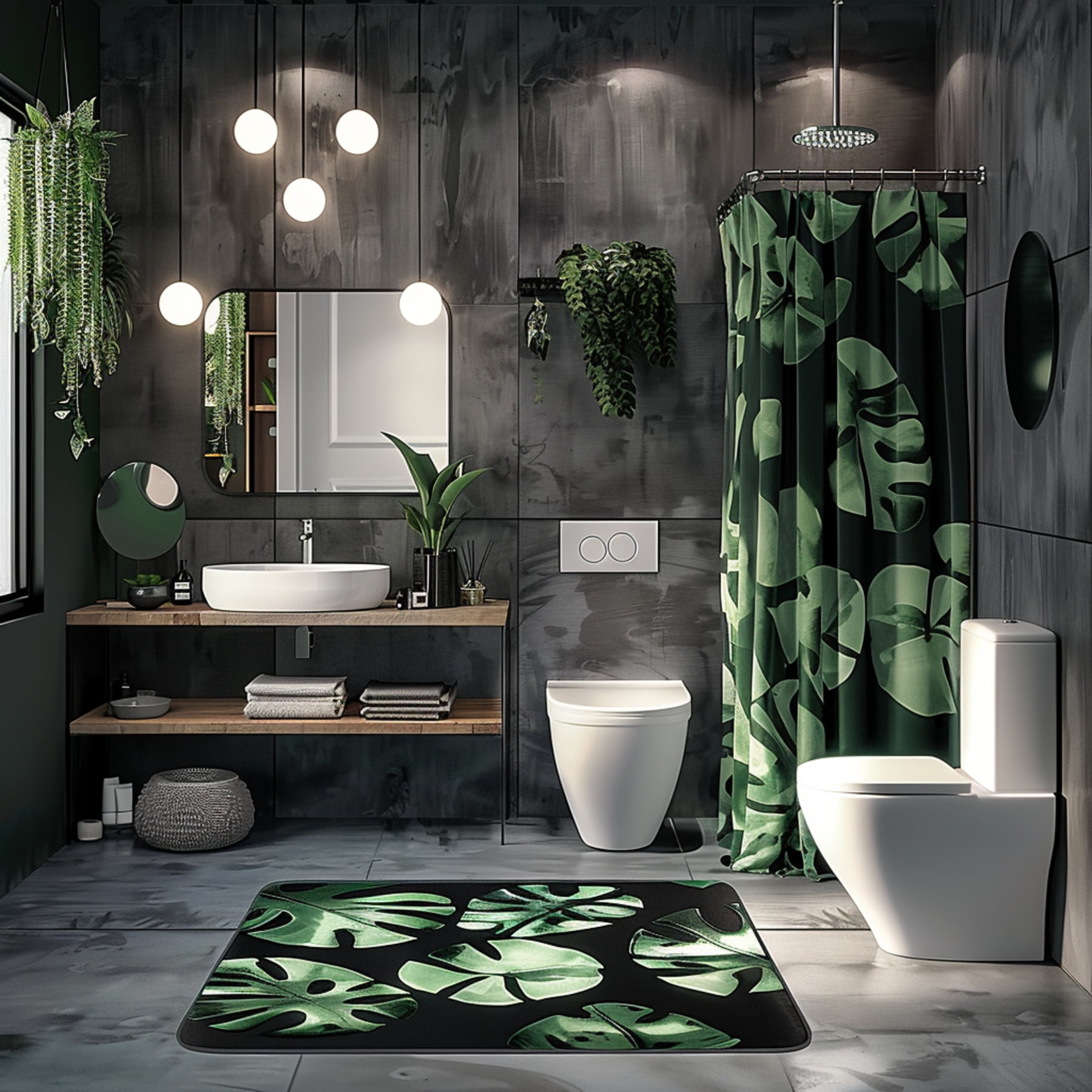 Modern Gray Bathroom Set with Black Tiles Green Plant Curtains White ...