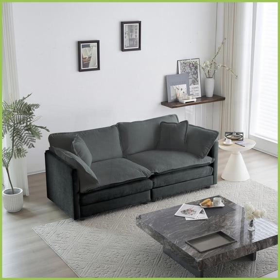 Modern Gray Chenille Loveseat with 4 Pillows - Solid Wood Frame Deep Seat Sofa for Living Room