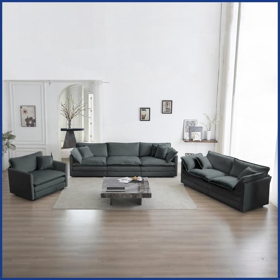 Modern Gray Chenille 3-Piece Sectional Sofa - Extra Deep Seat Living Room Set with Solid Wood Frame