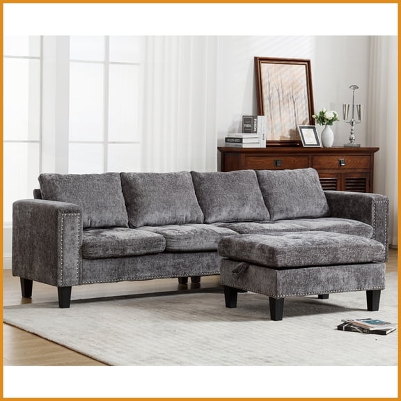 Modern Gray Chenille 5-Seat L-Shaped Modular Sofa with Storage Ottoman for Living Room
