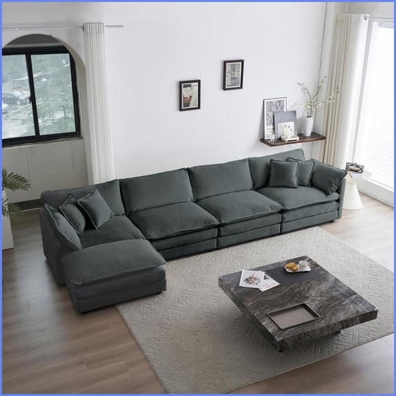 Modern Gray Chenille Modular Sectional Sofa - 5-Seater Convertible U-Shaped Couch with Ottoman for Living Room