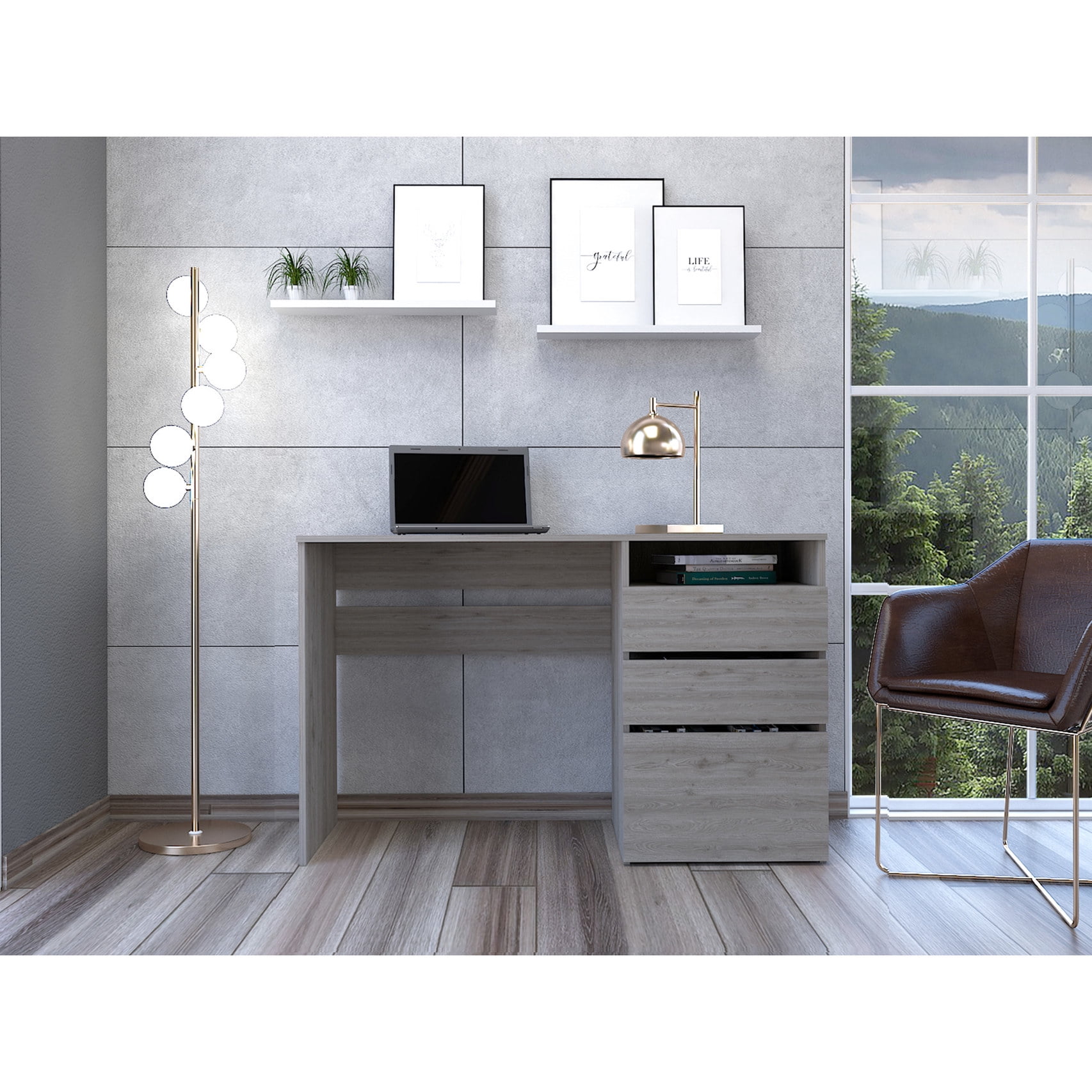 Modern Gray Computer Desk with Drawers and Cubby Space / Enhances ...