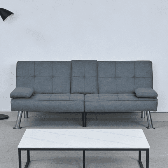 Modern Gray Convertible Futon Sofa Bed with USB & Cupholders for Living Room