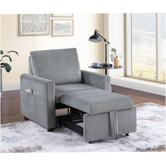 Modern Gray Corduroy Convertible Armchair with Pull-Out Chaise and Side Storage Pockets