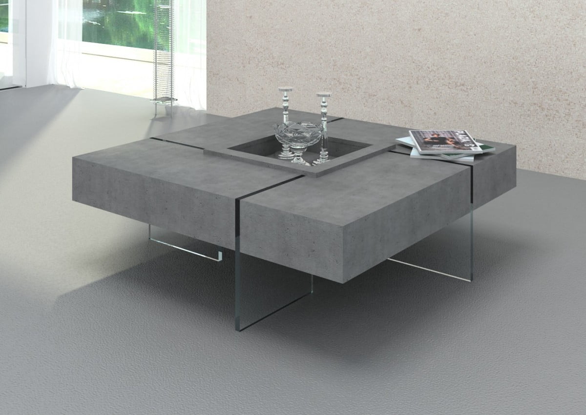 Sleek Gray Faux Concrete & Glass Floating 47" Square Coffee Table