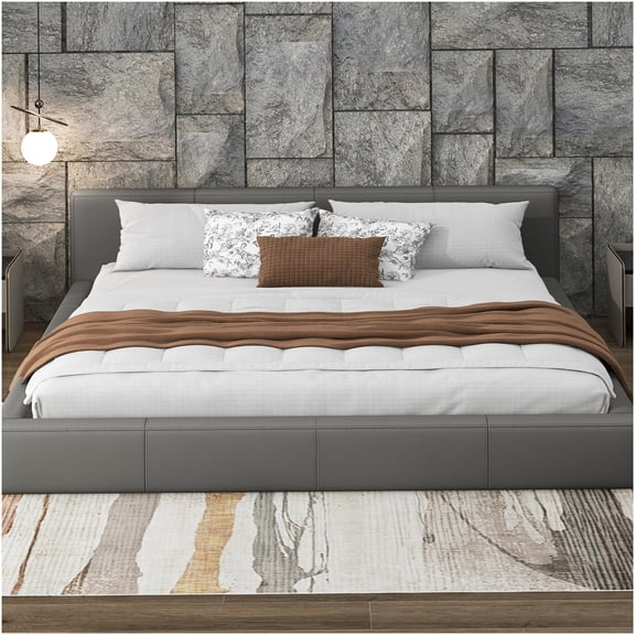 Modern Gray Faux Leather Platform Bed King Size, Upholstered Low Profile Bed Frame with Wood Slat Support