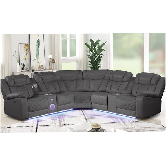 Modern Gray Faux Leather Reclining Sectional Sofa with Power Recline, USB-C Charging & Bluetooth