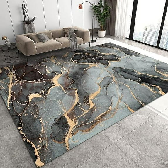 Modern Gray Gold Marble Texture Area Rug, Luxurious Abstract Geometric Black Gold Indoor Non-Slip Kids Rugs, Washable Breathable Durable Carpet For Front Entrance Floor Decor 2' x 3'