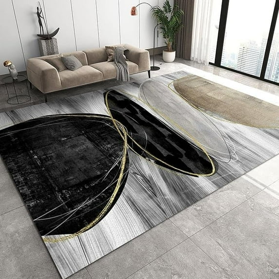 Modern Gray Gold Thread Art Area Rug, Abstract Black Gray Geometric Circle Indoor Non-Slip Rugs, Machine Washable Breathable Durable Carpet Floor Decor 5ft x 7ft