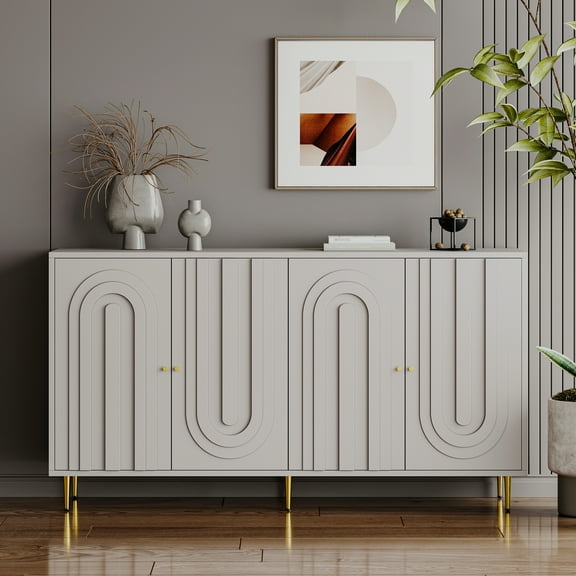 Modern Gray Lacquered 4 Door Wooden Cabinet Sideboard Buffet Server With Adjustable Shelf For Living Room, Entryway, Hallway, Office, Kitchen And Dining In Lacquer Shelves