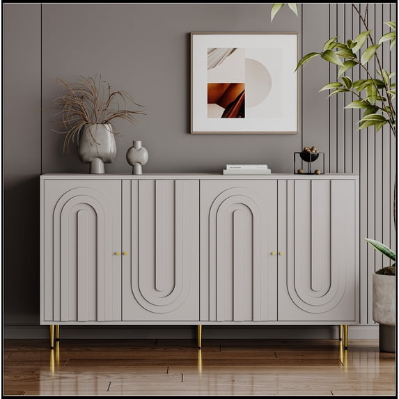 Modern Gray Lacquered 4 Door Wooden Cabinet Sideboard Buffet Server Cabinet Storage Cabinet