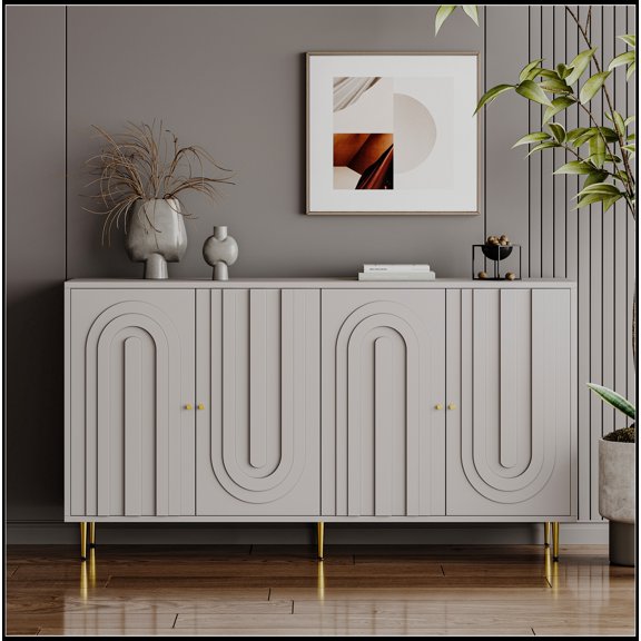 Modern Gray Lacquered 4 Door Wooden Cabinet Sideboard Buffet Server Cabinet Storage Cabinet