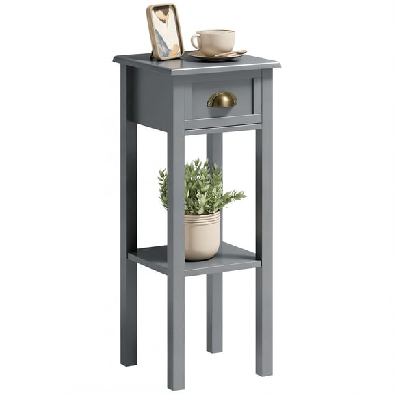 Modern Gray MDF End Table with Drawer and Bottom Shelf, Slim Side Table 11.75x11.75x29.5 in, Compact Storage Accent Table for Living Room Sofa, Bedroom, or Entryway Space Saving